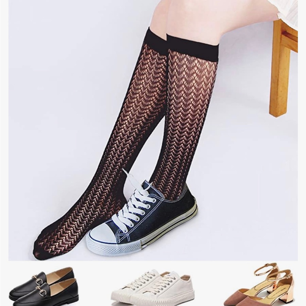 Hollowed out fishnet style knee or over the knee black fashion knee socks - posh